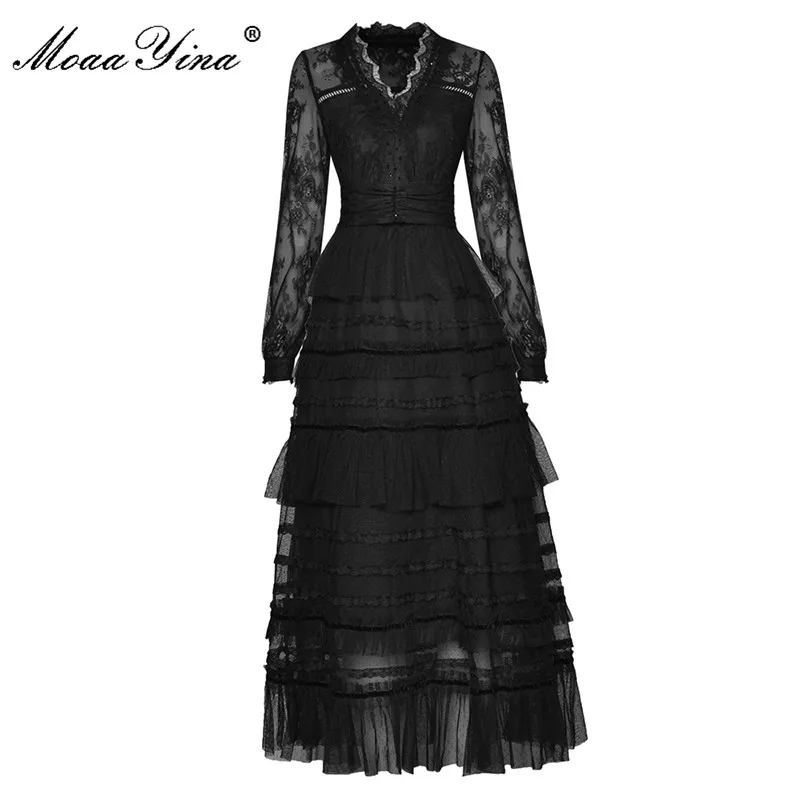 MoaaYina Fashion Designer Autumn Black Mesh Dress Women V-Neck Lantern Sleeve Elegant Cascading Ruffle Party Long Dresses