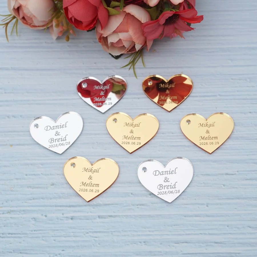 

20pcs Custom Name 3.5cm Small Heart for Guest Gifts Acrylic Mirrors Invitation Cards Wedding Party Favors Hanging Tags