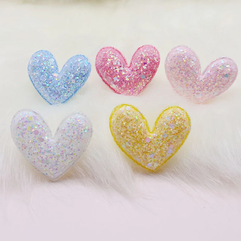 40Pcs/LOT 5*4.5CM Five Colors Glitter Shiny Heart Padded Appliques For DIY Handmade Children Hair Clip Accessories Patches