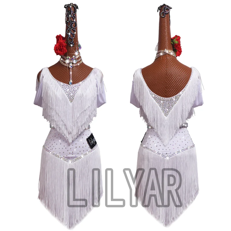 Novo vestido para dança latina, vestidos para competição, decoração branca, saia latina de dança, com borla, gola redonda