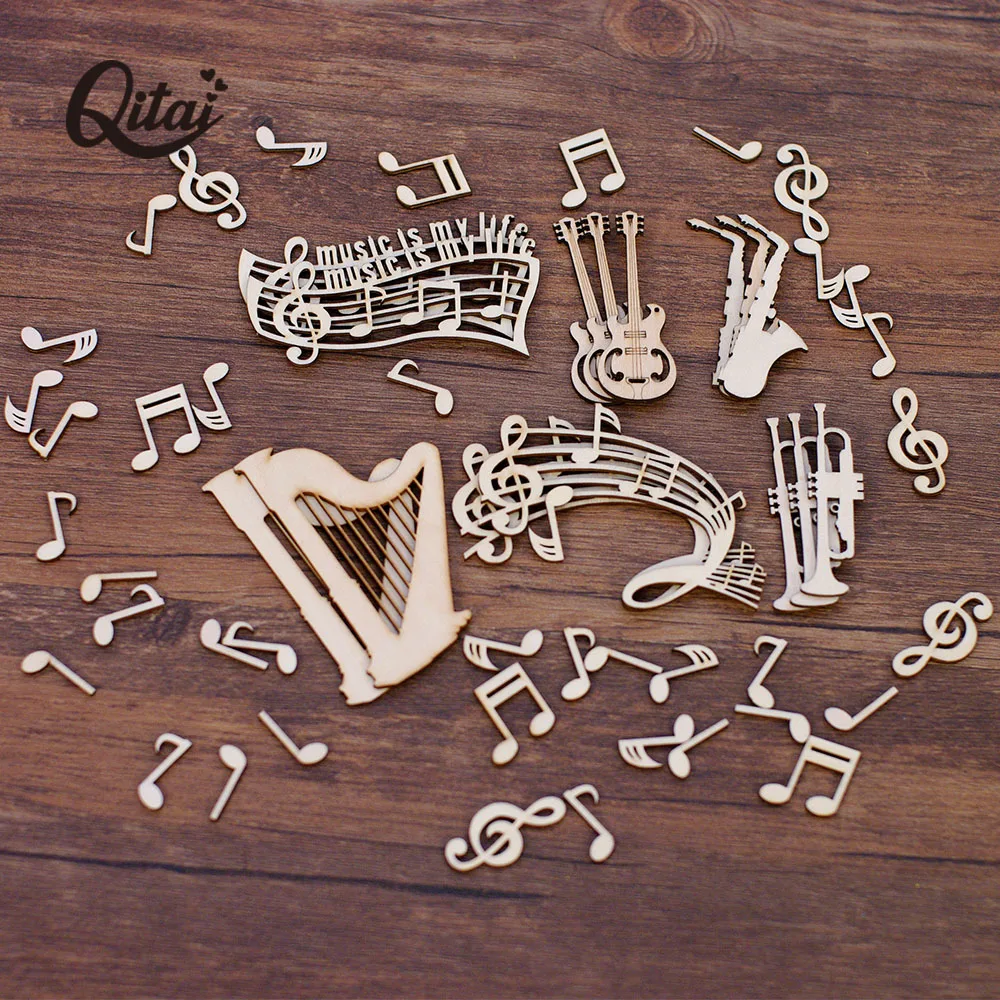 Wooden Chip 55PC BOX Guitar harp musical Wood Crafts Slices Melody DIY Scrapbooking Accessories Handmade Home Decor Wooden Craft