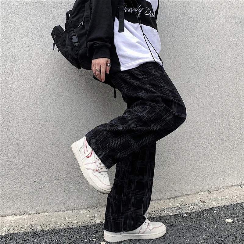 Spring Casual Plaid Pants Men Wide Leg Vintage BF Couple Straight Corduroy Pantalones Streetwear Harajuku Mopping Oversize S-3XL