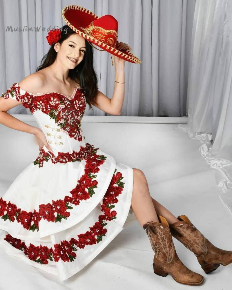 Red And White Charro Quinceanera Dresses With Removeable Skirt 2 In 1 Embroidery vestido de 15 Anos Fifteen Birthday Customzied