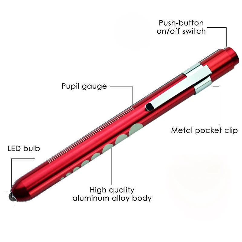 TopCom Pocket Mini Penlight Medical Surgical LED Flashlight Torch Light Nurse Pen Light With Pupil Gauge Measurements Metal Clip