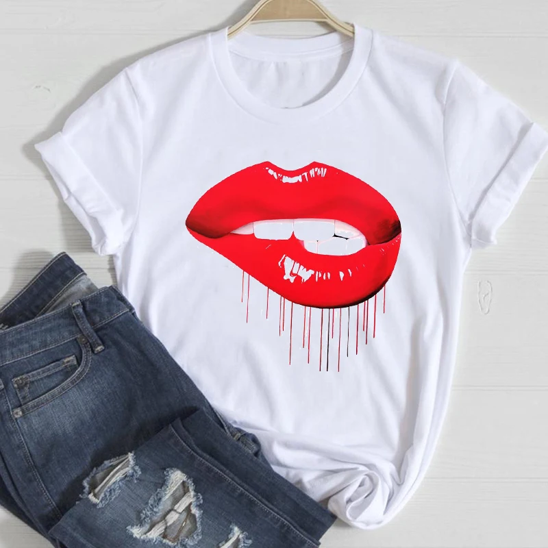 T-shirts Women Cartoon Sexy Lip Fashion Short Sleeve Spring Summer Clothes Stylish Tshirt Top Lady Print Ladies Tee T-Shirt