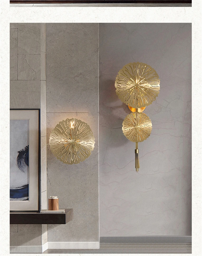 

Lotus Leaf Copper Wall Lamps Golden Round Bedroom Bedside Lamp Study Hotel Corridor Entrance Golden Art Deco Lighting Wall Light