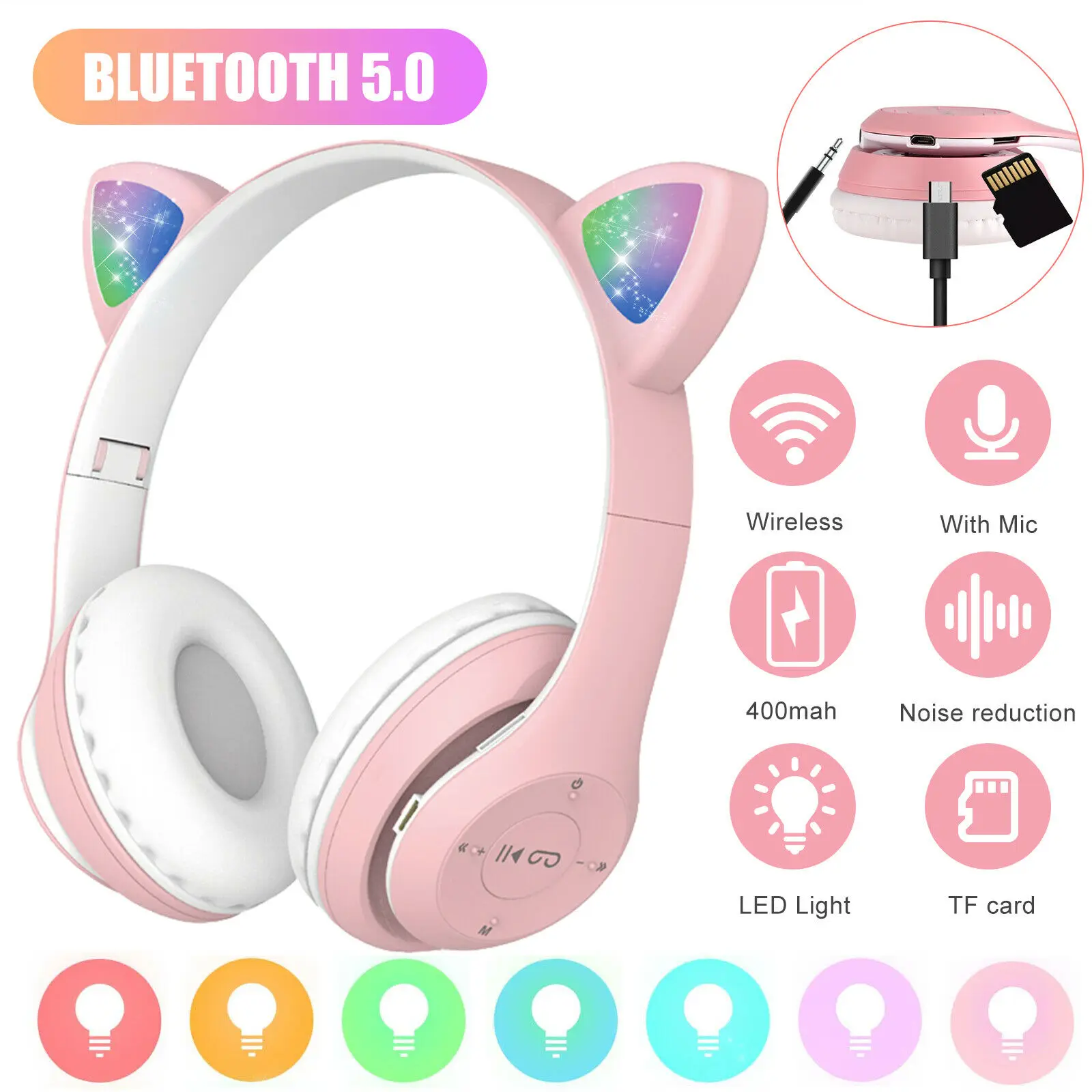 Wireless Bluetooth 5.0 Headset Cat Rabbit Ear LED w/Mic Headphone For Kids Girls