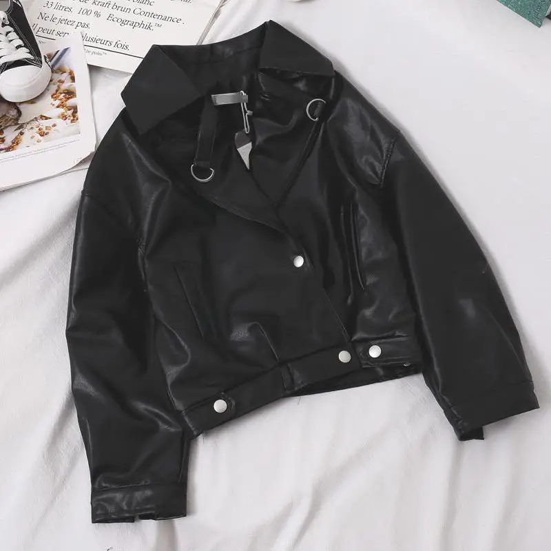 Loose Pu Leather Bat Sleeve Vintage Jacket for Street Leisure Outdoor Leisure Fashion