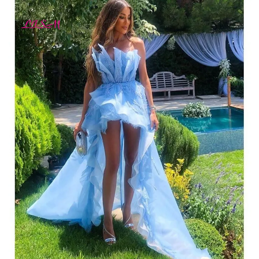 

Sky Blue High Low Prom Dresses 2022 Ruffles Beaded Long Prom Gowns Off The Shoulder Feather Formal Party Dress