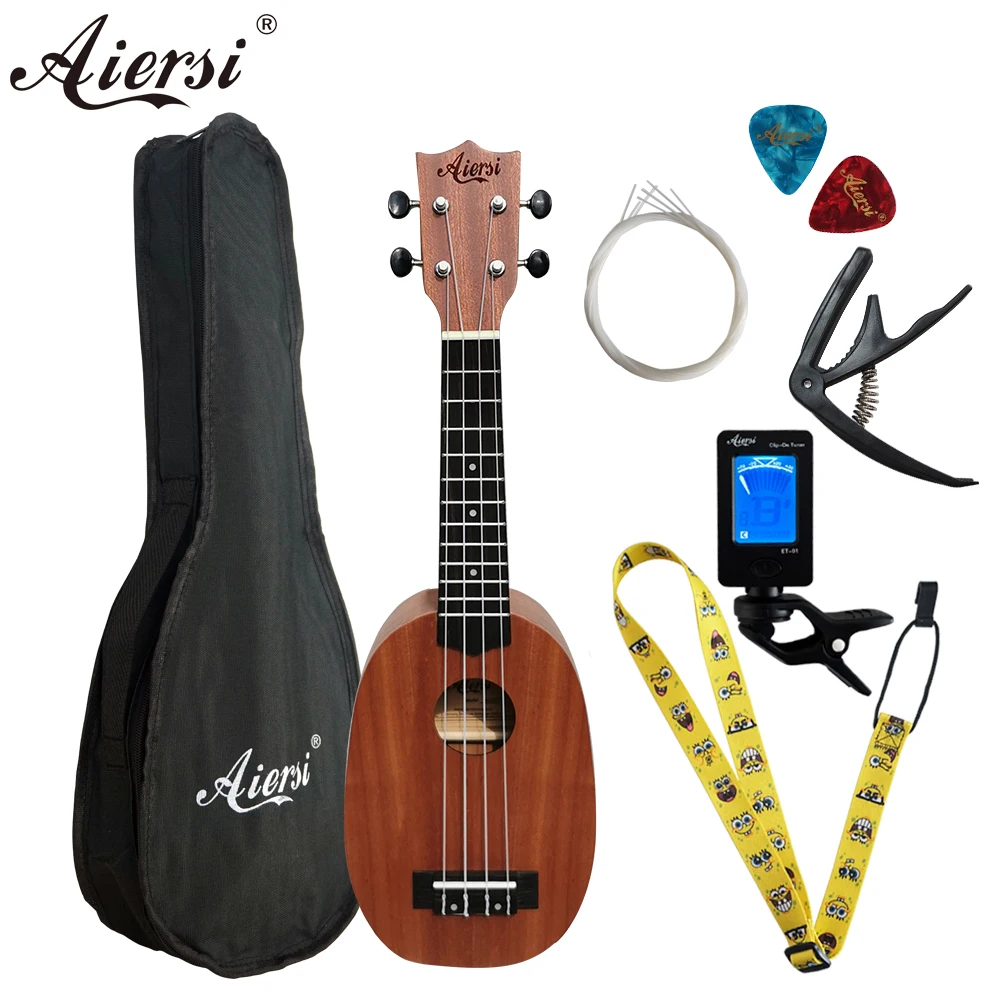 Aiersi-Full Set Mahogany Ukulele with Bag,Strap, Capo,Tuner,Picks, 4 Strings, Soprano, Pineapple, Gecko, 21