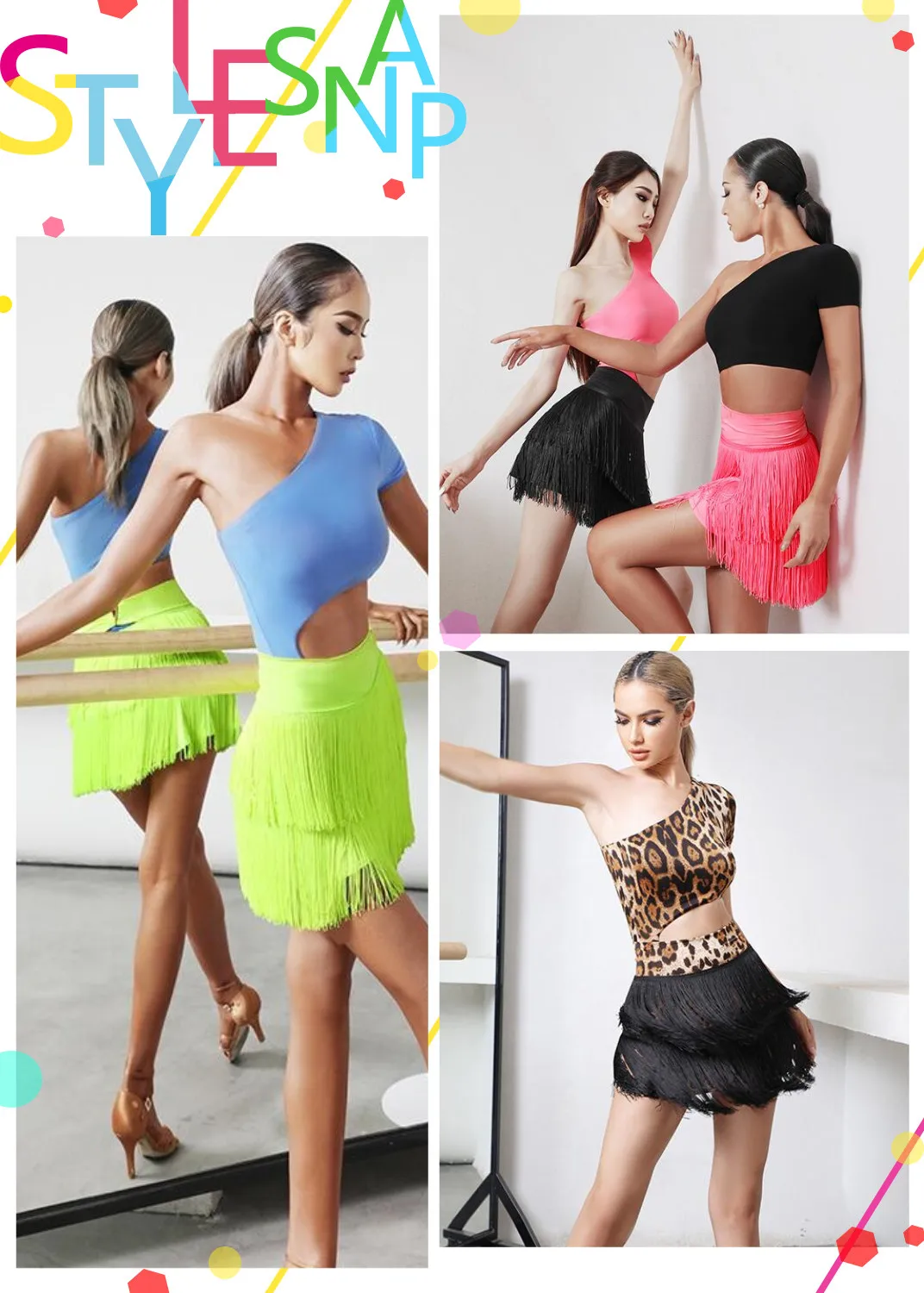 

New fringe Latin Dance skirt salsa skirt Summer latinTops latin leotard bodysuit neon yellow pink black leopard 2136