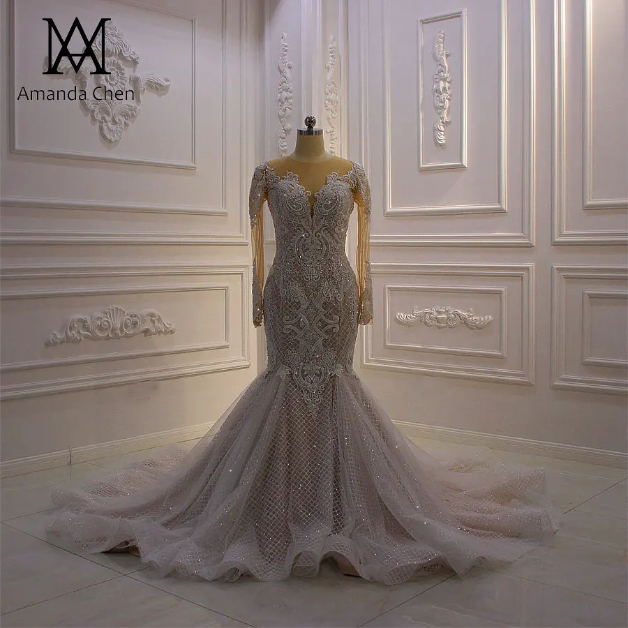 Amanda Novias Lace Appliques Glitter Champagne Wedding Dress Mermaid