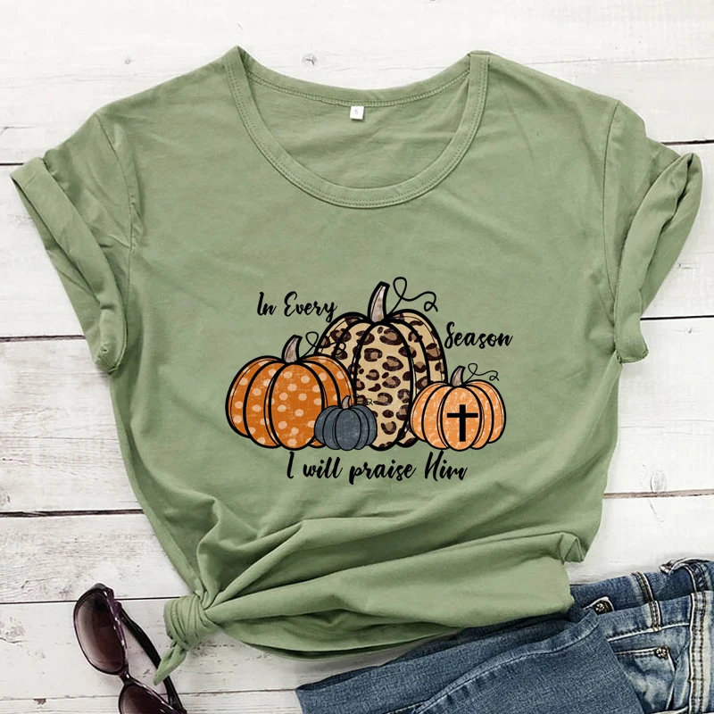 Colored In Every Season I Will Praise Him T-shirt Vintage Leopard Pumpkin Fall Season Tshirt Aesthetic Women Faith Bible Top Tee