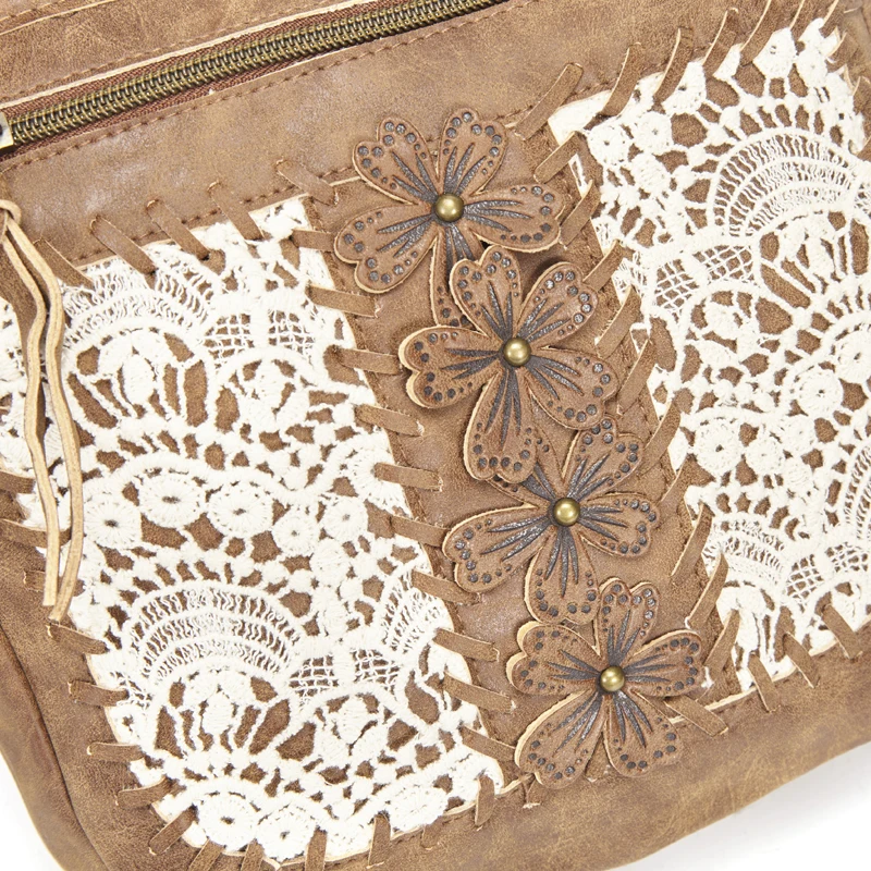 Annmouler Designer Women Handbag Purse Pu Leather Shoulder Bag Flower Crossbody Bag Small Ladies Messenger Bag Brown Lace Totes