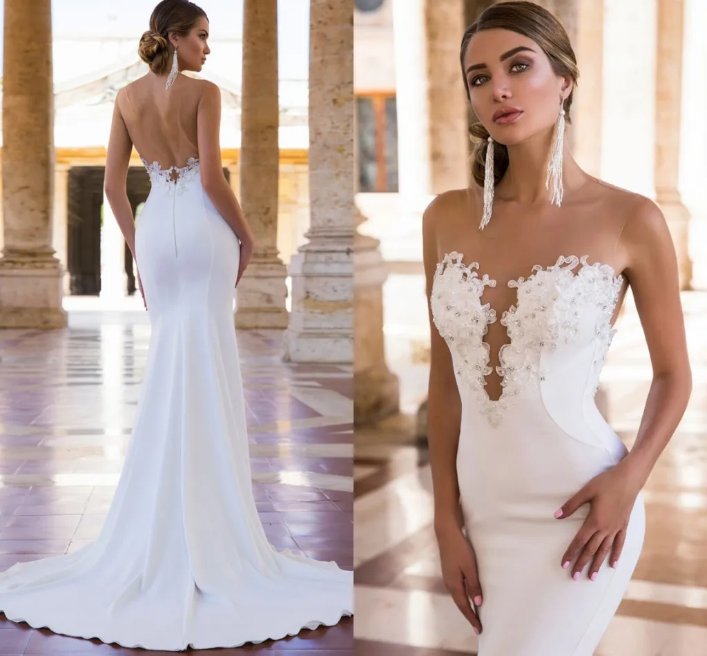 Nuovi abiti da sposa a sirena senza schienale Illusion O Neck Appliqued perline 2021 abiti da sposa abiti da Noiva