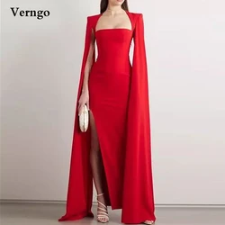 Verngo Simple Red Crepe Evening Dresses Long Cape Sleeves Side Slit Prom Gown Formal Prom Gown Long Celebrity Dress