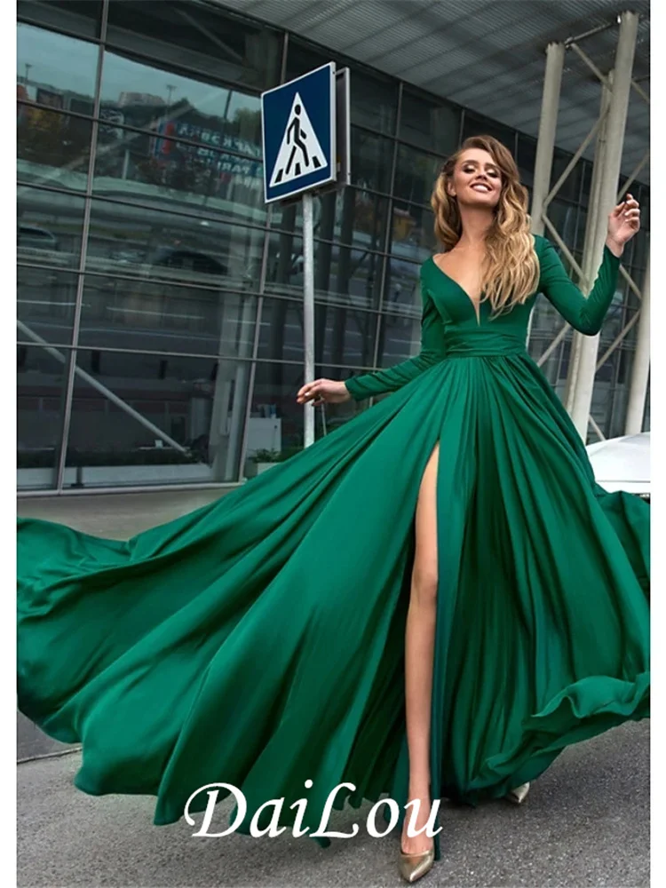 A-Line Empire Minimalist Holiday Formal Evening Dress V Neck Long Sleeve Floor Length Spandex with Split Front 2021