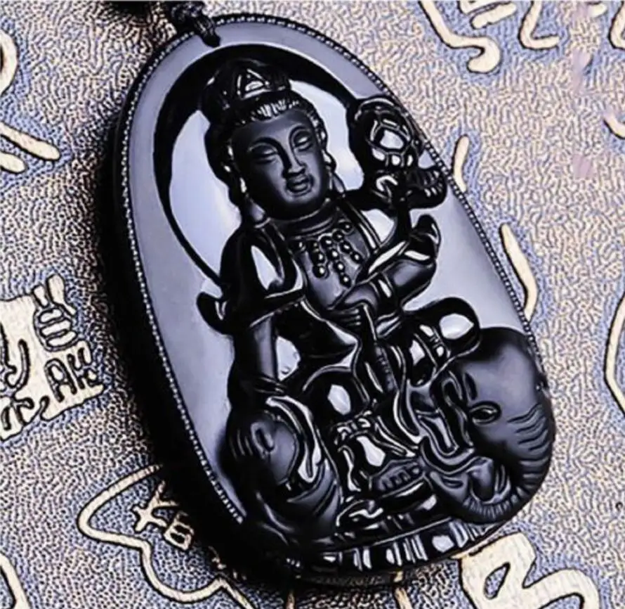 

Fashion jewelry Free Shipping 100% Natural Obsidian Carved Ride an elephant kwan yin Pendant necklace