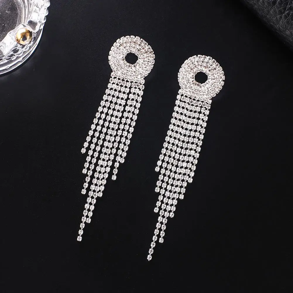 Rhinestone circel Drop Earrings for Women Shiny Long Tassel Dangle Earrings Statement Earrings Bar Party Jewelry E715