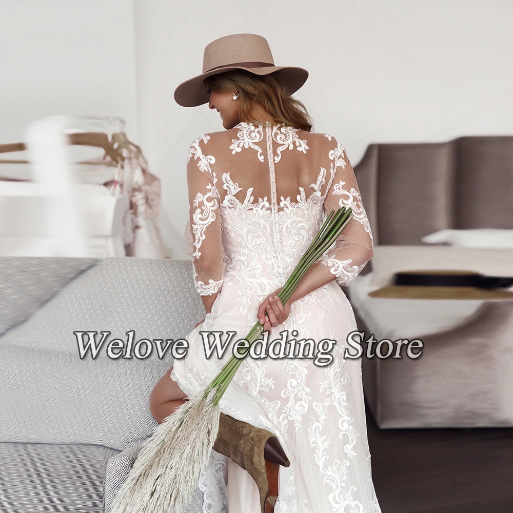 Plus Size Country Boho abito da sposa in Tulle con pizzo abito da sposa civile Vintage 3/4 maniche lunghezza del pavimento personalizzato