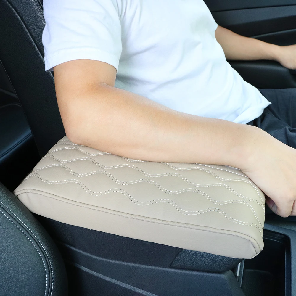 LEEPEE Wave Embroider PU Leather Car Armrest Mat Center Console Arm Rest Protection Cushion Auto Armrests Storage Box Cover Pad