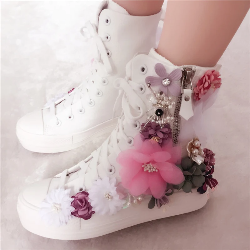 Fatto a mano dolce colorato 3D fiori piattaforma scarpe di tela da donna inverno caldo piatto/suola alta floreale nascosto scarpe Lolita tacco alto