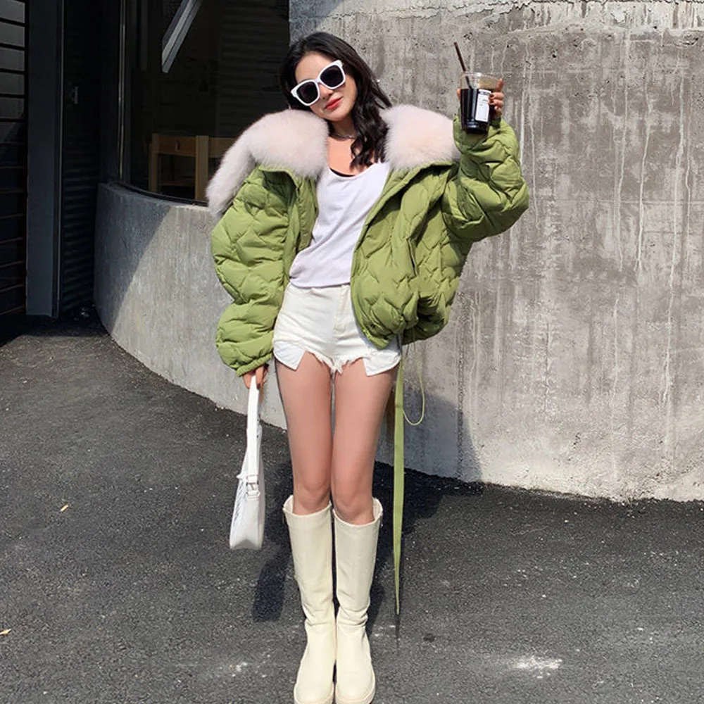 Winter Parka Short Cotton Jackets Women 2023 New Casual Chic Fresh Green Coat Lady Korean Overcoat Big Fur Collar Hooded Jackets