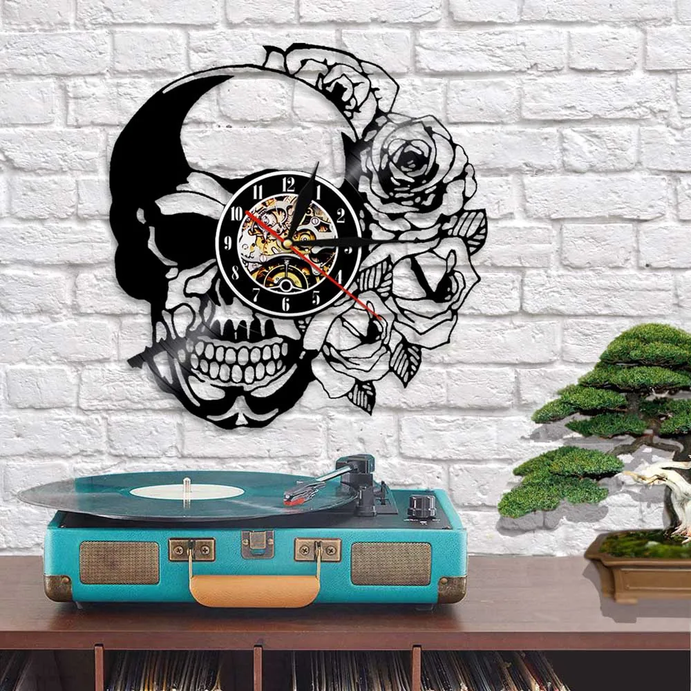 Hippie Skull With Rose Art Decorative Wall Clock Clockwork Skeleton Skull Thorn Roses Vinyl Record Home Wall Clock Gothic Decor