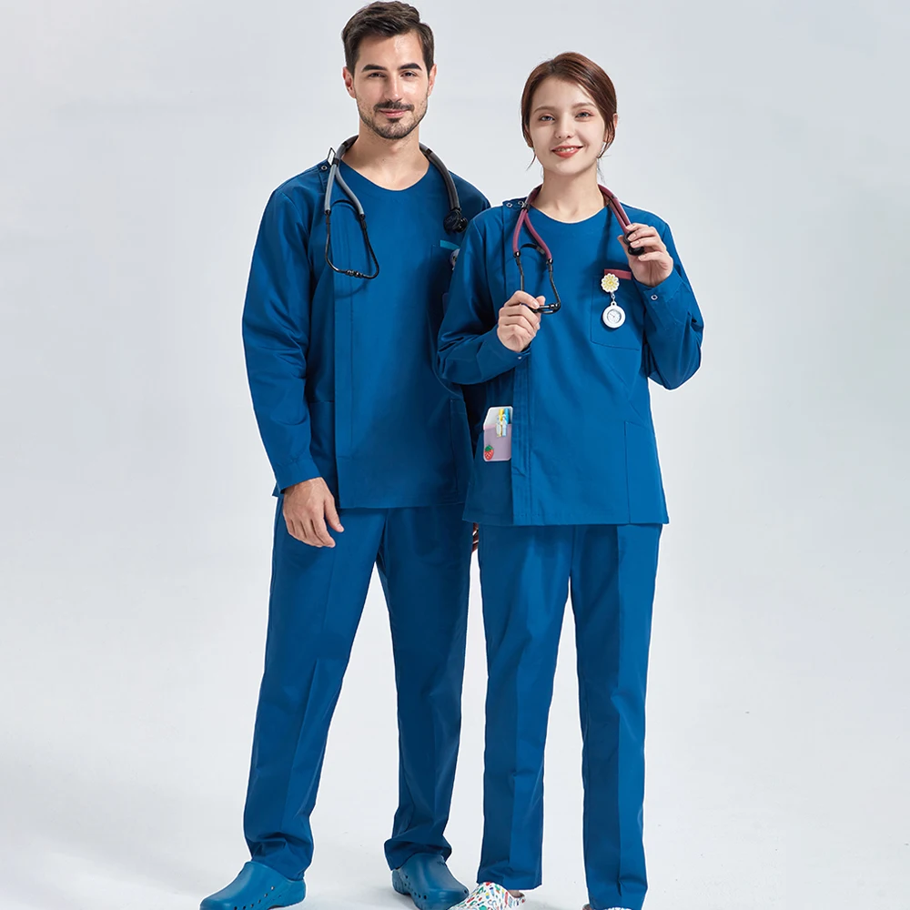 Women Uniforme Medical Zipper Scrubs Premium Hospital Nurse Uniforms Workwear Round Neck Top and Pant Dentist Vet Suit 205