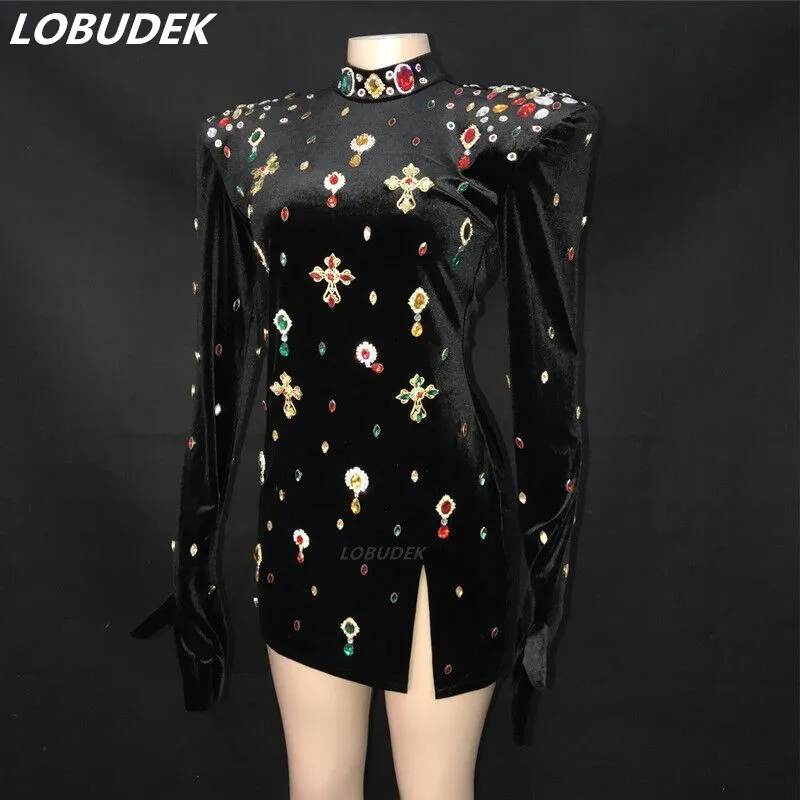 Multi-color Rhinestones Velvet Chain Mini Dress Long Sleeve With Gloves Wrap Hips Short Dresses Birthday Party Stage DS Costume