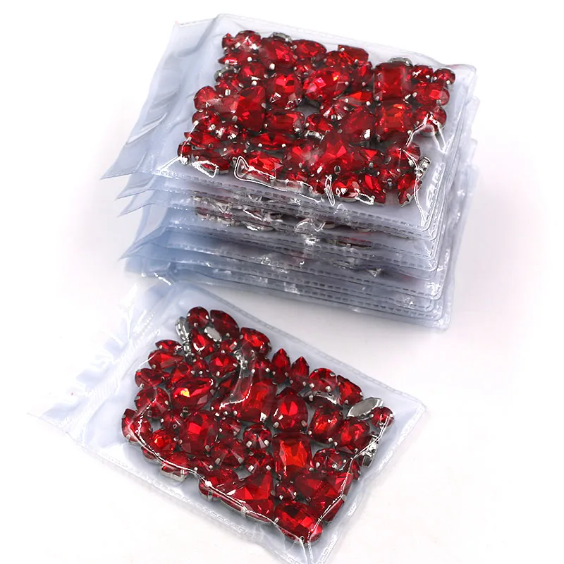 Wholesale 5 bags mixed shape silver base sewing glass rhinestone crystal Red rhinestones for clothing/wedding dress