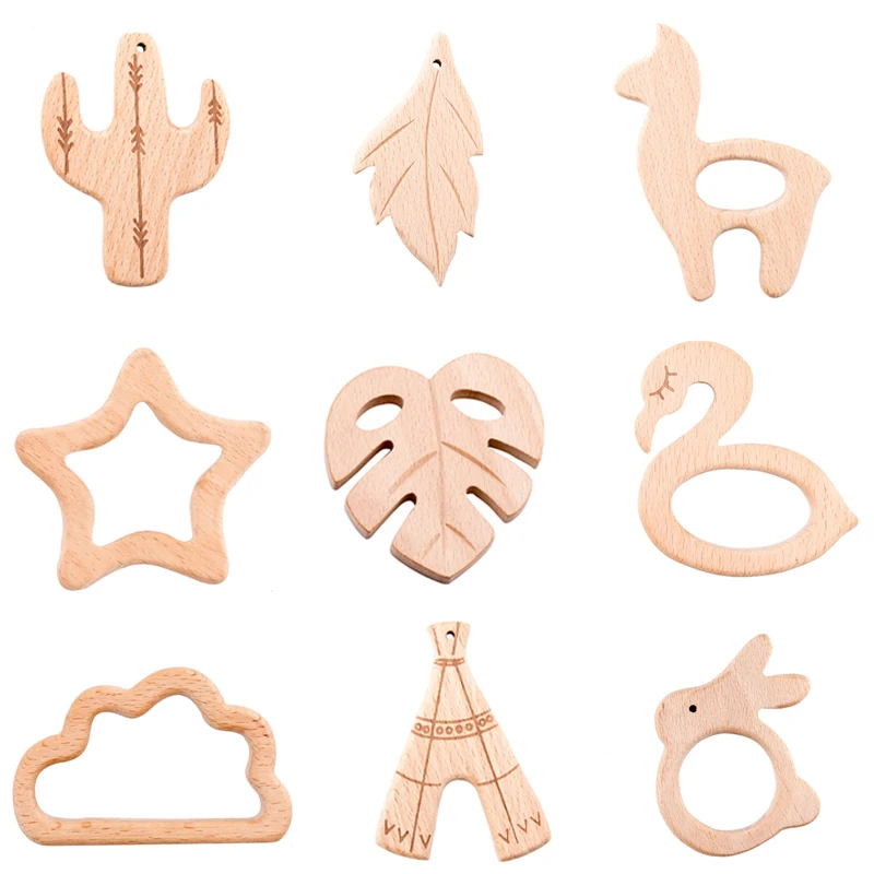 

5pc Wooden Teether Pure Cactus Blank Leaves Baby Teething Nursing Beech Rodent Teether Baby Girl DIY For Pacifier Chain Kid Toys