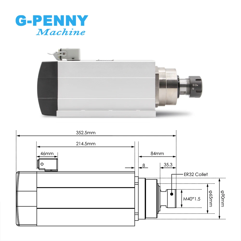 4.5kw ER32 air cooled spindle motor 220v/380v square spindle Ceramic ball bearings spindle 0.01mm accuracy with mounting flange