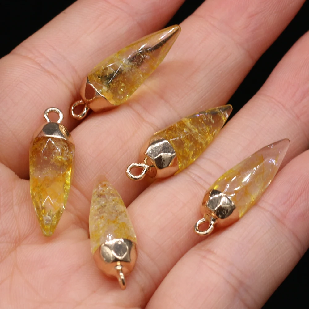 2pcs/set Natural Crystal Gilded Charm Citrines Stone Pendant for Women Necklace Earrings Accessories Jewelry Making Size 8x25mm