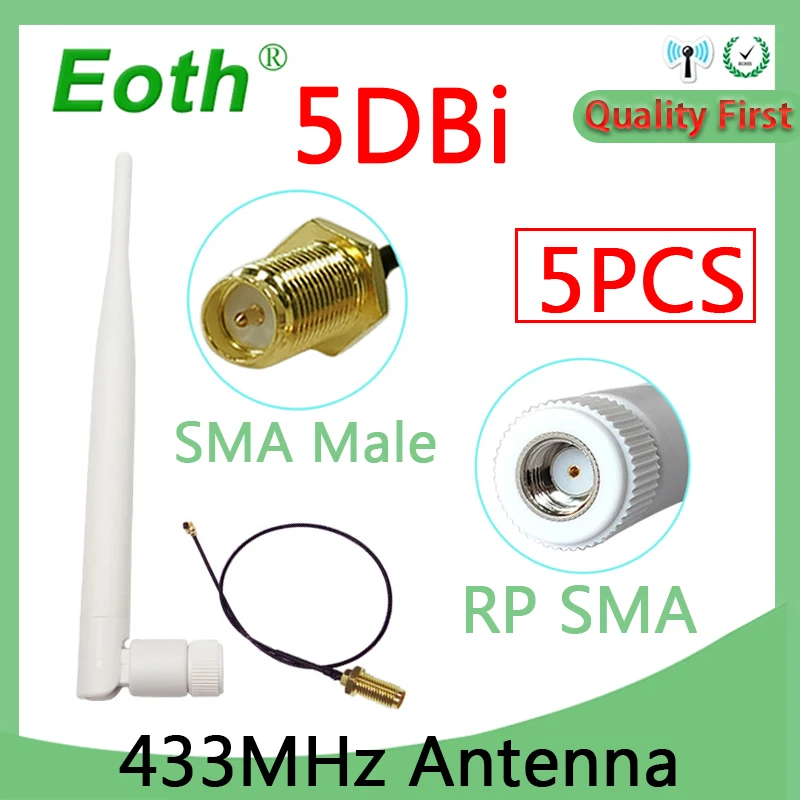 

EOTH 5PCS 433Mhz lora Antenna 5dBi RP-SMA Connector 433 mhz IOT white antena 21cm SMA SMA to Ufl./IPX Extension Pigtail Cable