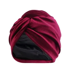 2022 Winter Satin Lined Velvet Turban Cap Soft Woman's Headwrap Muslim Under Hijab Hat Elastic Bonnet Twisted Turbans