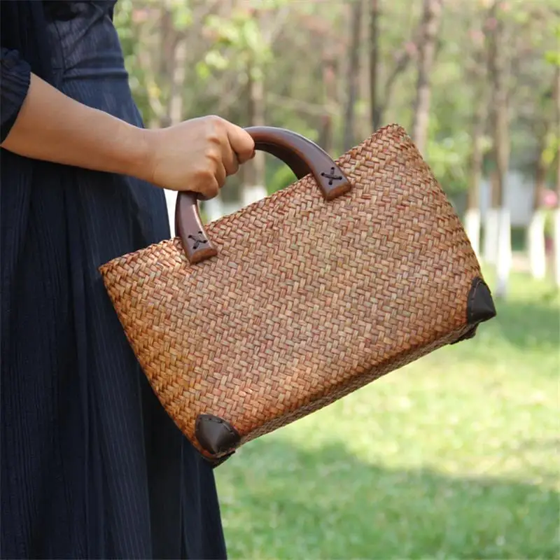 34x16CM  Original Chinese Style Features Handmade Old Straw Bag Rattan Woven Wooden Handle Retro Handbag a6115