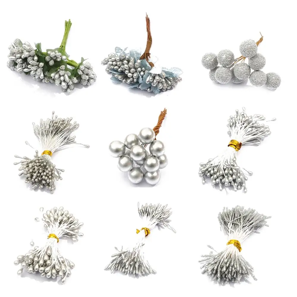 10/12/60/90/144Pcs Silver Mixed Hybrid Flower Cherry Stamen Berries Bundle DIY Cake Christmas Wedding Gift Box Wreath Decoration