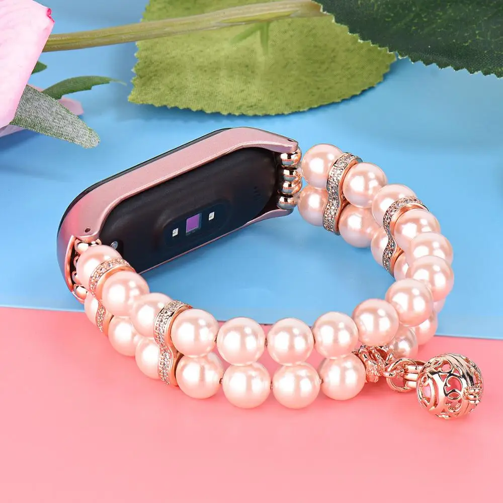 Luxury Bracelet for Xiaomi Mi Band 7 6 4 5 Beads Elastic Jewelry Watchband Strap for Xiaomi Band Mi7 Handmade Pearl for Woman