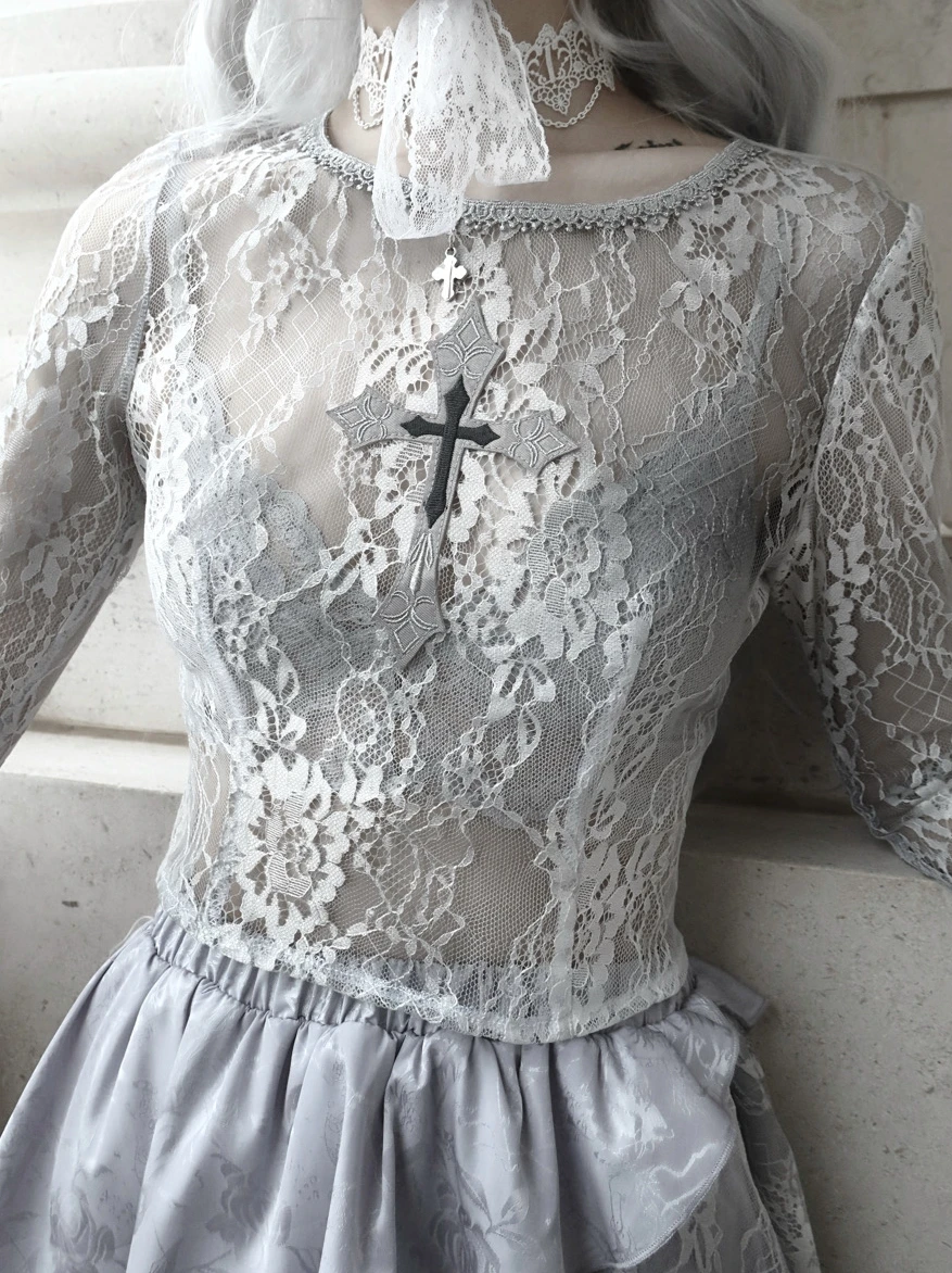 Original Rose Funeral Gothic Dirty Dyed Lace Embroidery Blouse Cross Long Flare Fly Sleeve Bottoming Shirt Blouse Women Tops