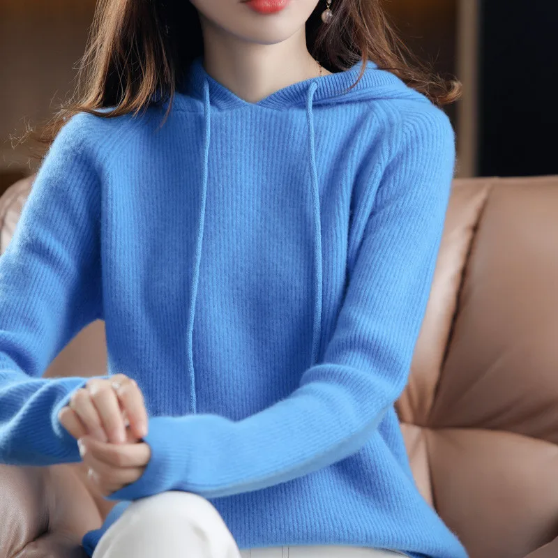 New cashmere sweater women\'s 100% pure wool hooded collar pullover sweater ladies fashion plu size warm knitted bottoming shirt