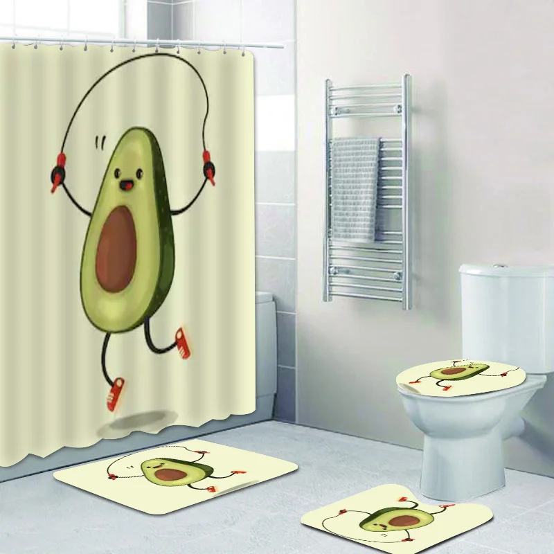 Funny Fitness Workout Avocado Shower Curtain Set Cute Cartoon Exercise Avocado Bathroom Curtains Bath Mat Rug Carpet Gym Decor