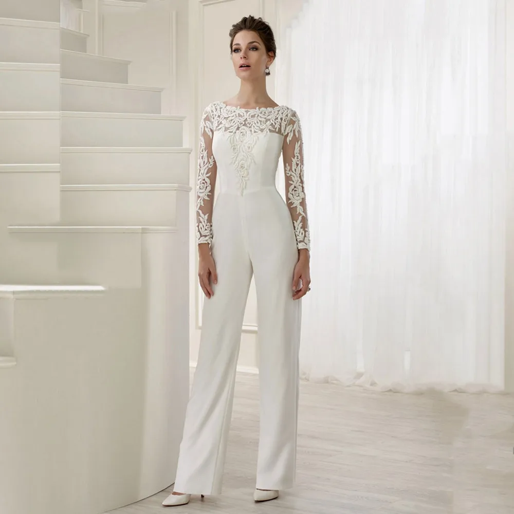 Abiti da sposa in pizzo con tuta con strascico staccabile maniche lunghe o-collo abiti da sposa formali in rilievo abiti da sposa personalizzati