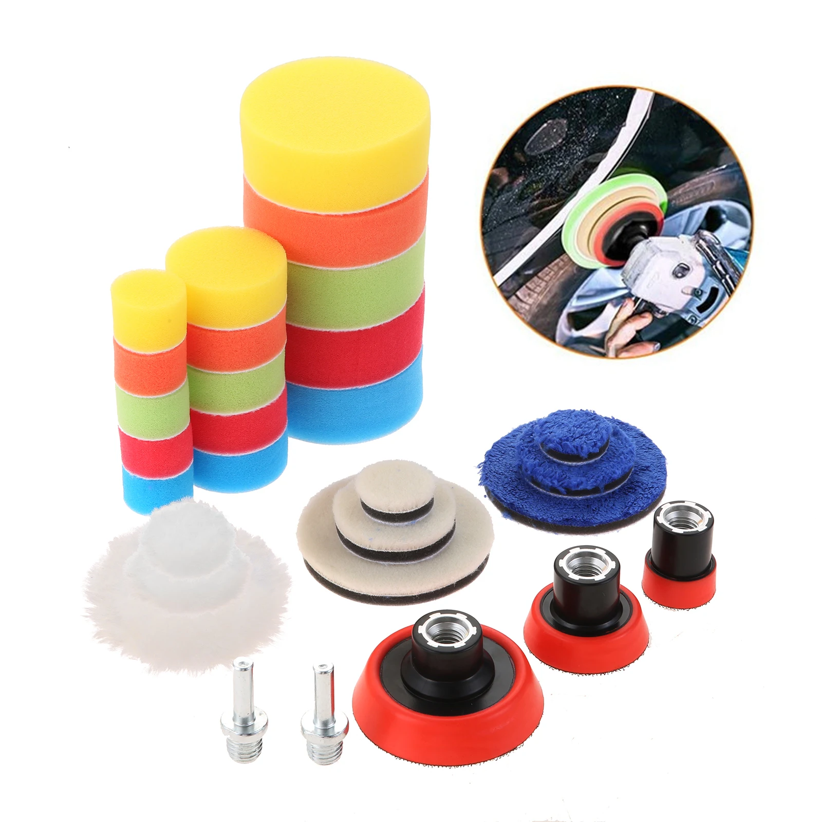 29 pçs kit almofada de polimento do carro esponja lã polimento almofadas para broca automática polimento conjunto com m14 broca adaptadores depilação