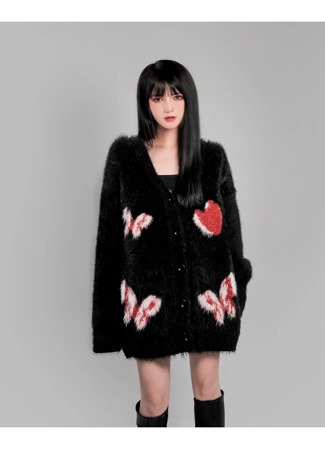 

New Autumn Winter Harajuku Butterfly V-neck Black Kawaii Hot Girl Loose Long Sleeve Thick Fashion Sweet Cute Knitting Coat