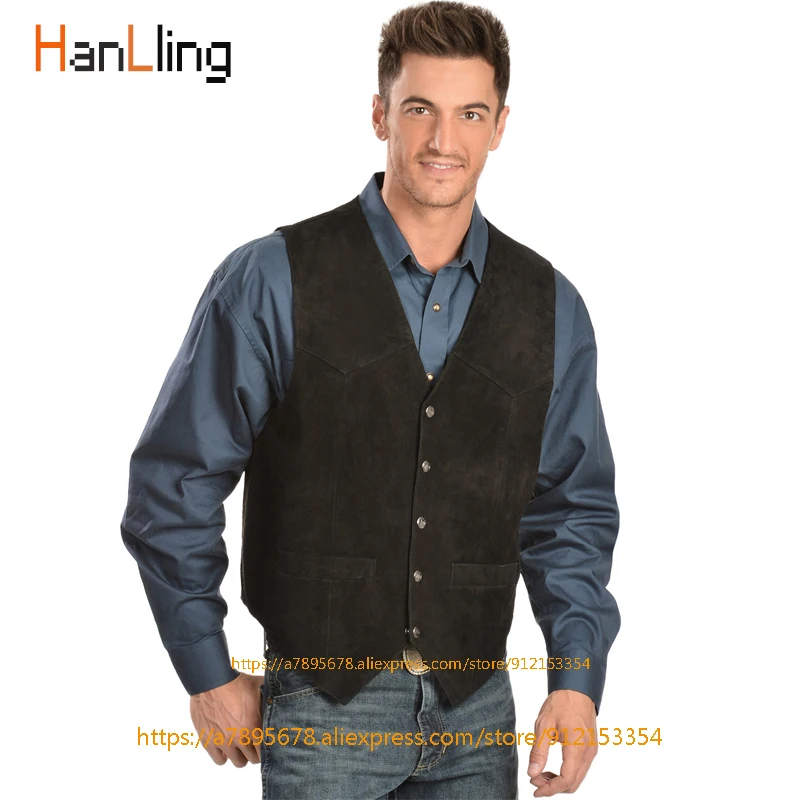 Men's Suede Vest Western-Style Slim Western Denim Jacket Steampunk Waistcoat Мужчины желет