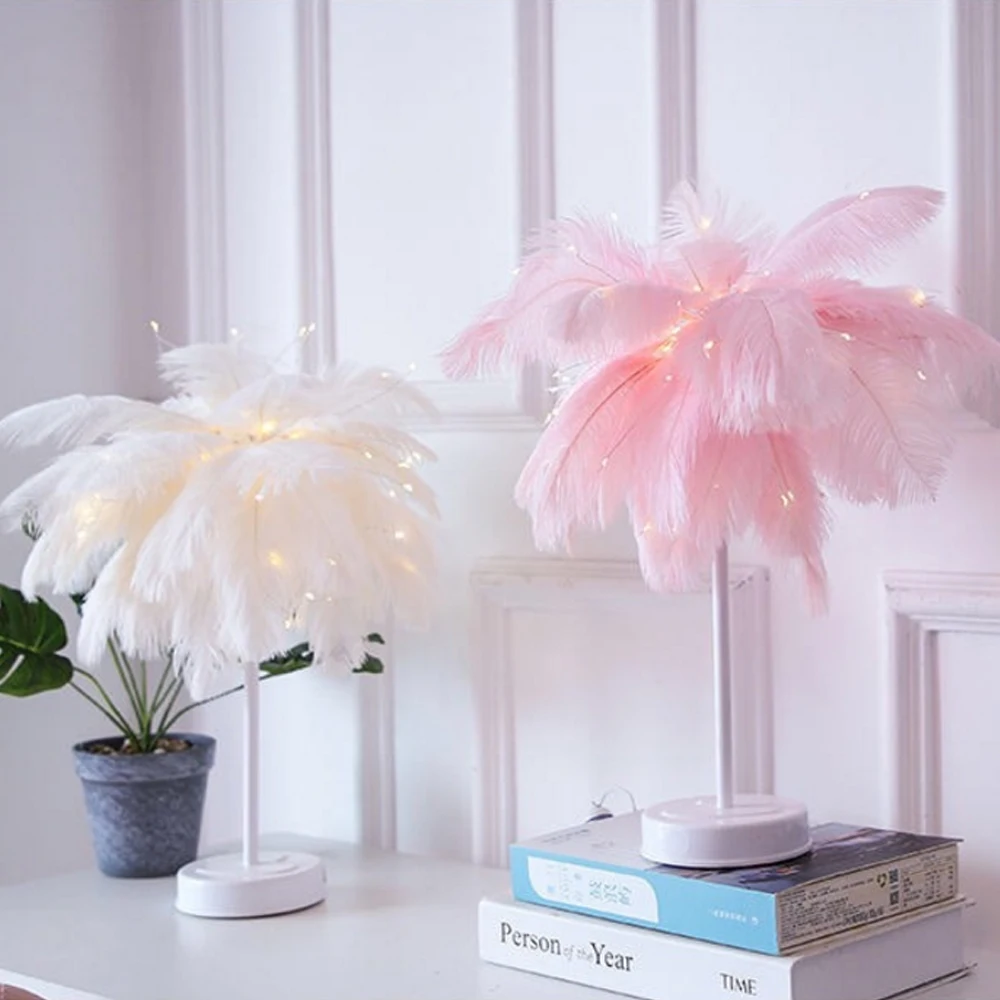 Creative DIY Feather Table Lamp Remote Control USB/AA Battery Power Warm Light Tree Feather Lampshade Wedding Home Bedroom Decor