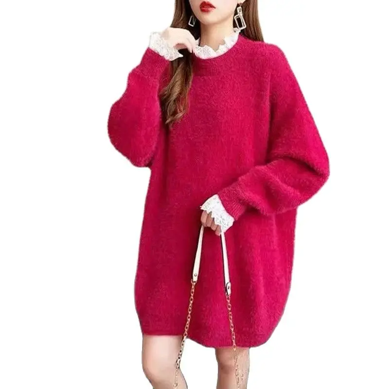 Winter lace stitching long-sleeved mink fleece sweater women loose fall winter warmth outside Lazy wind knit sweater A812