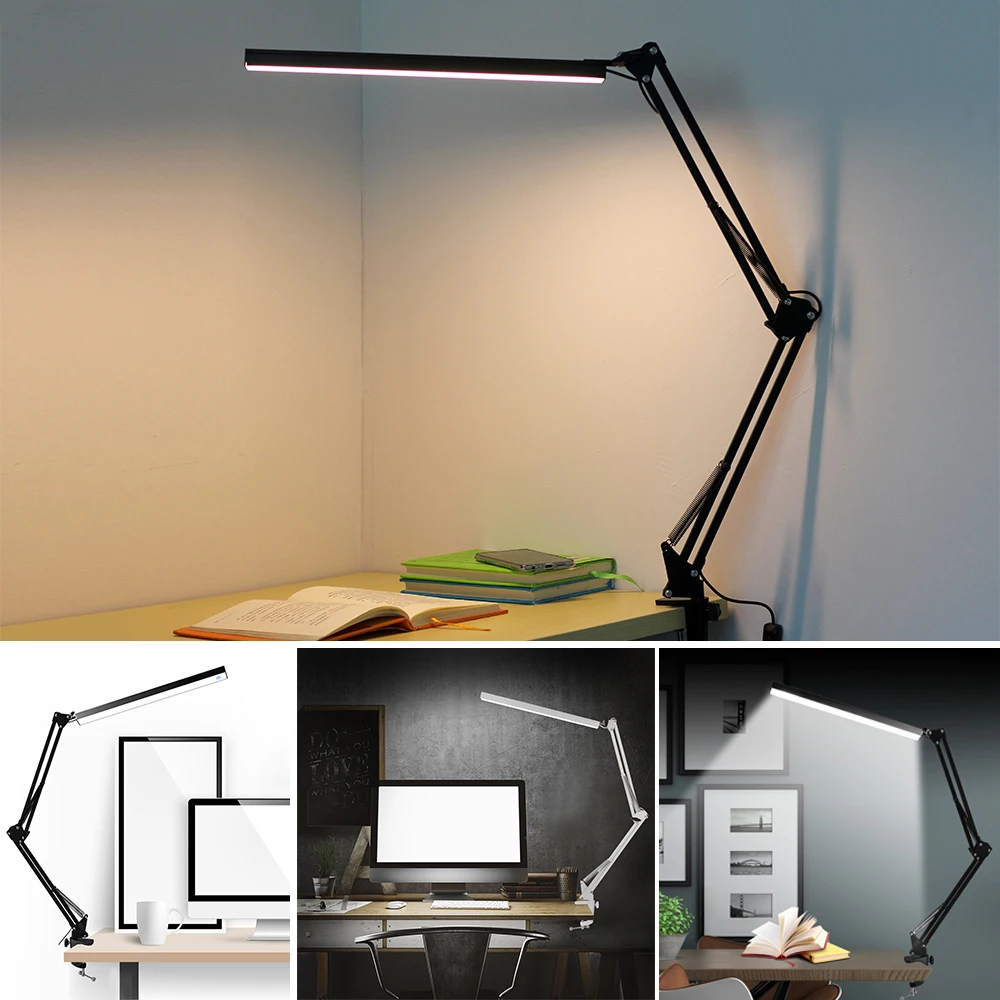 Metal LED Desk Lamp Eye Caring Table Light with Swing Arm 3 Color Modes Stepless Diming USB Charging for Reading Working Studing