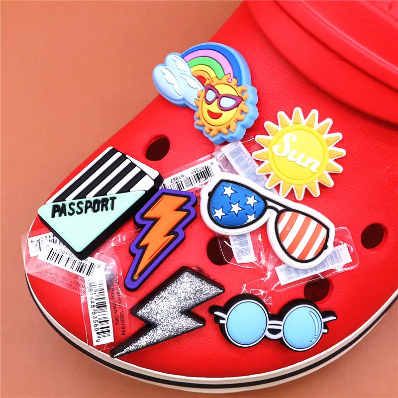 Original PVC Shoe Charms NEW Sunglasses Sunrise Sun Lightning Shoes Decorations Upper Accessories for Kids Party Gifts U197